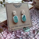 Teal and ivory speckle combo rustic  porcelain clay earrings surgical steel 