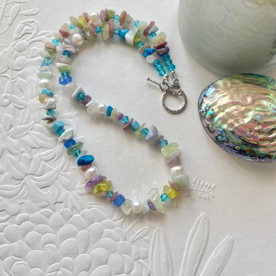Semi precious gemstone and Pearl sterling silver necklace