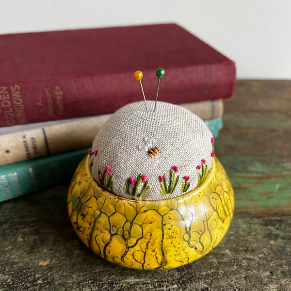 Pin cushion - vintage yellow bowl - abstract - embroidered flowers and bee