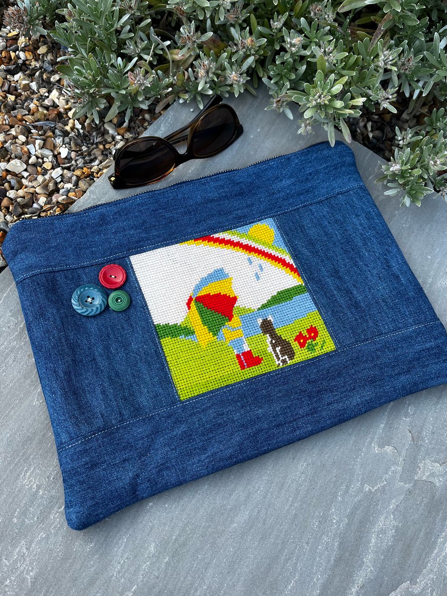 Repurposed tapestry large soft pouch with reclaimed denim and vintage buttons