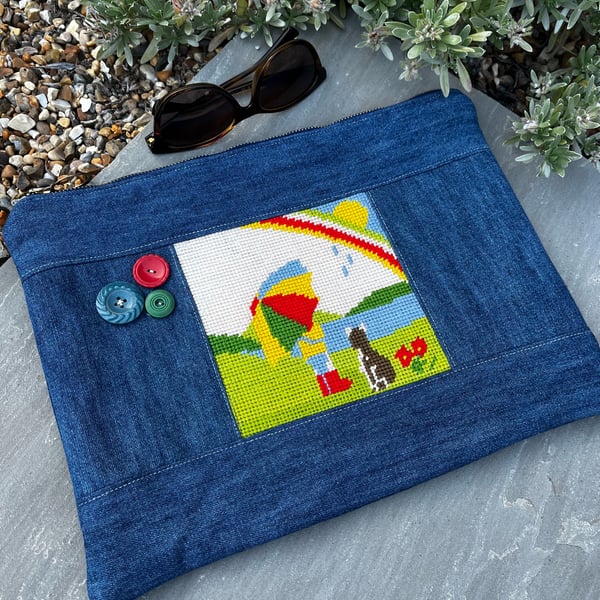 Repurposed tapestry large soft pouch with reclaimed denim and vintage buttons