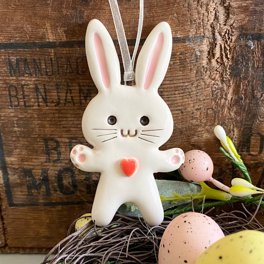 Ceramic Easter Bunny decoration with red heart