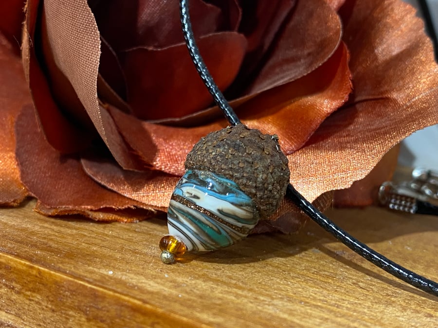 From Tiny Acorns - Blue, Copper and Cream Swirl Glass Acorn Pendant