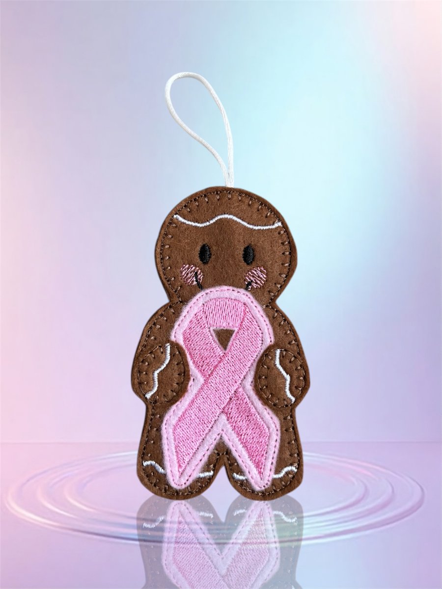 Breast cancer awareness ribbon Gingerbread lady Embroidered Hanging Keepsake