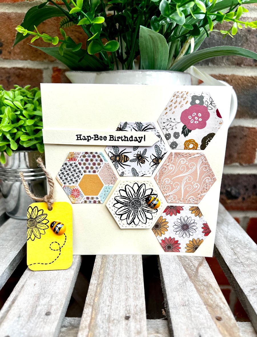 Birthday card & wooden gift tag decoration set - ‘Flower Bee’