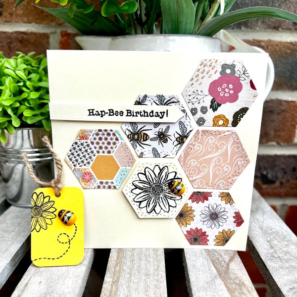 Birthday card & wooden gift tag decoration set - ‘Flower Bee’