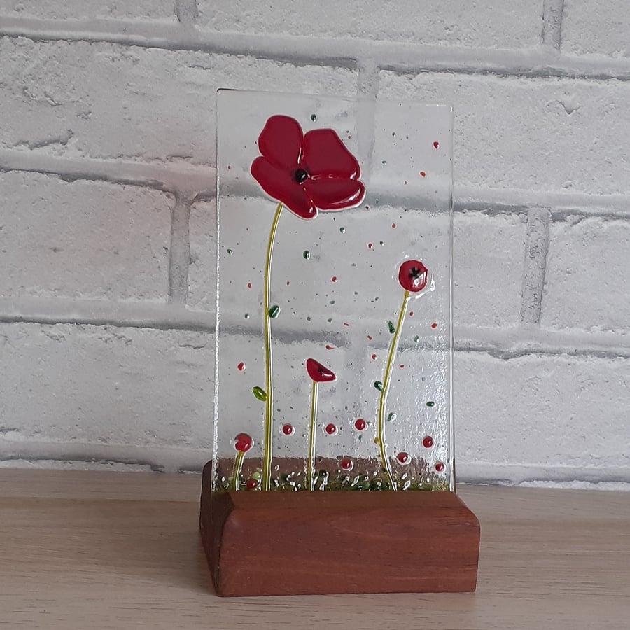 Fused Glass Poppy Suncatcher in hardwood stand, everlasting flowers
