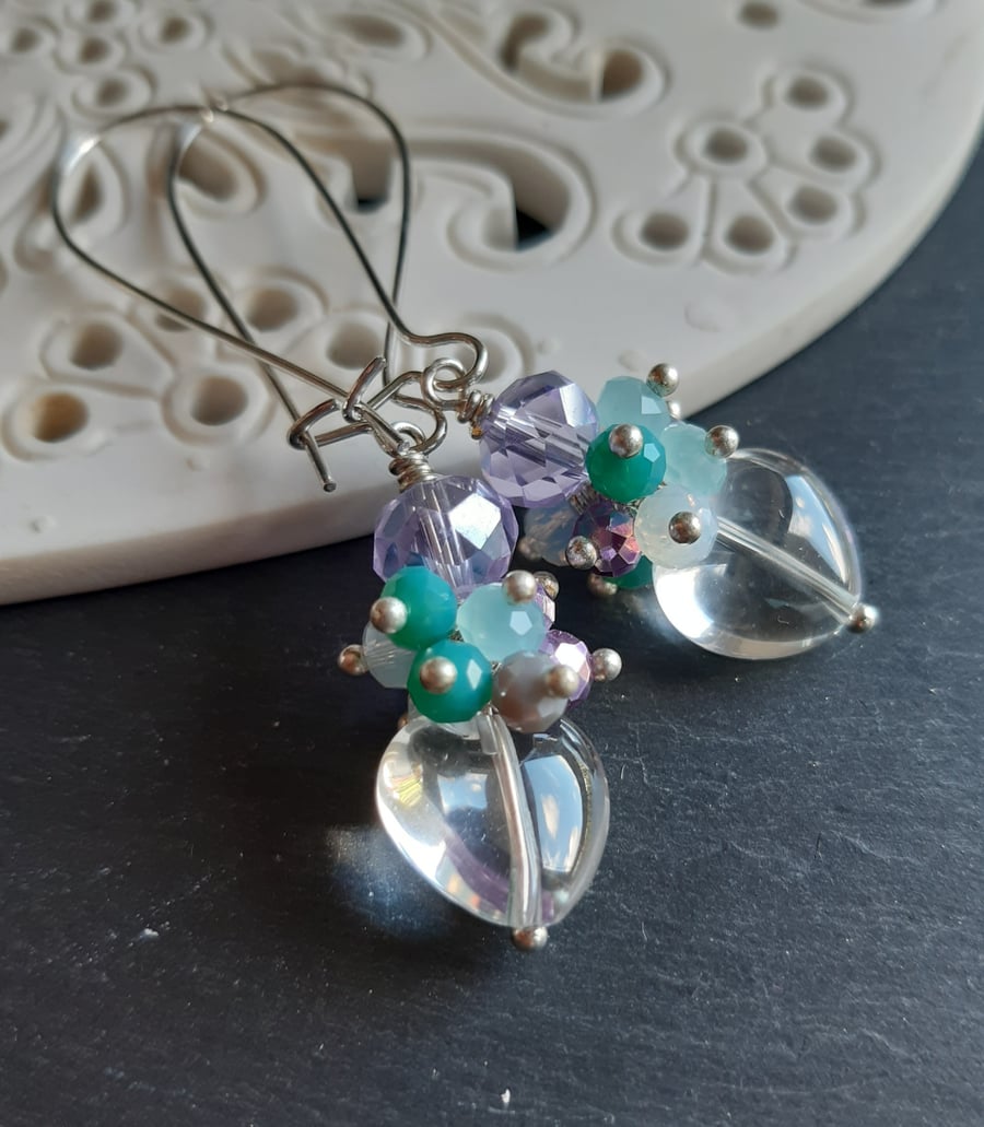 Crystal heart cluster earrings Jacaranda blooms