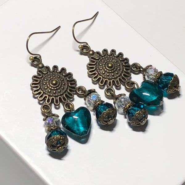 Teal Murano glass and crystal chandelier earrings