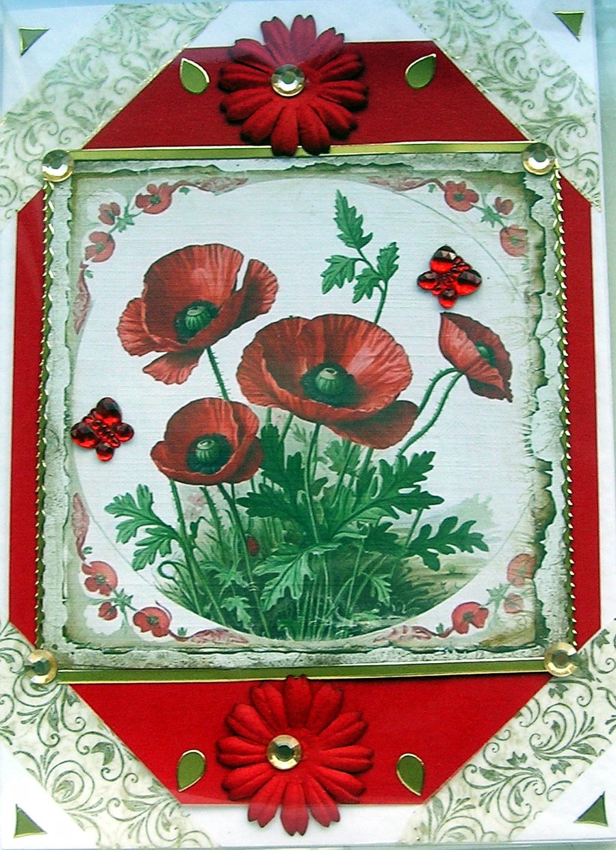 Red Poppy Flowers - Hand Crafted Decoupage Greeting Card - Blank 2850