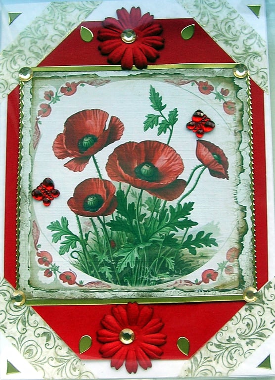 Red Poppy Flowers - Hand Crafted Decoupage Greeting Card - Blank 2850