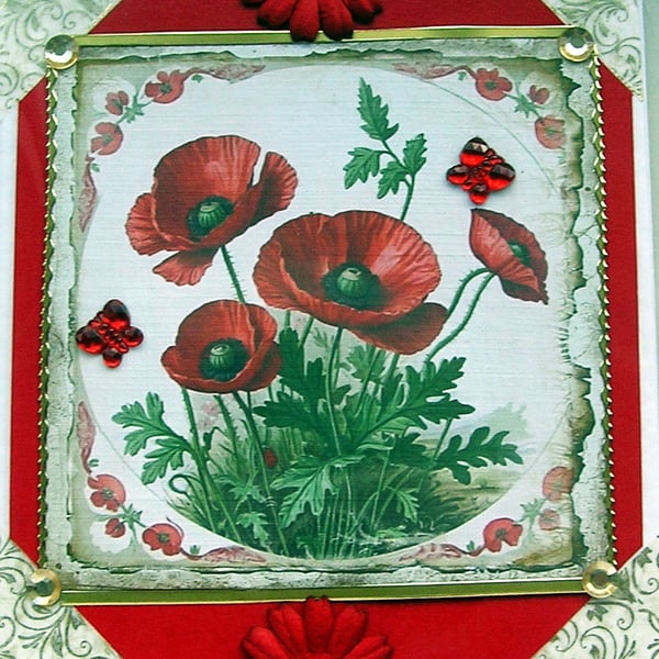 Red Poppy Flowers - Hand Crafted Decoupage Greeting Card - Blank 2850
