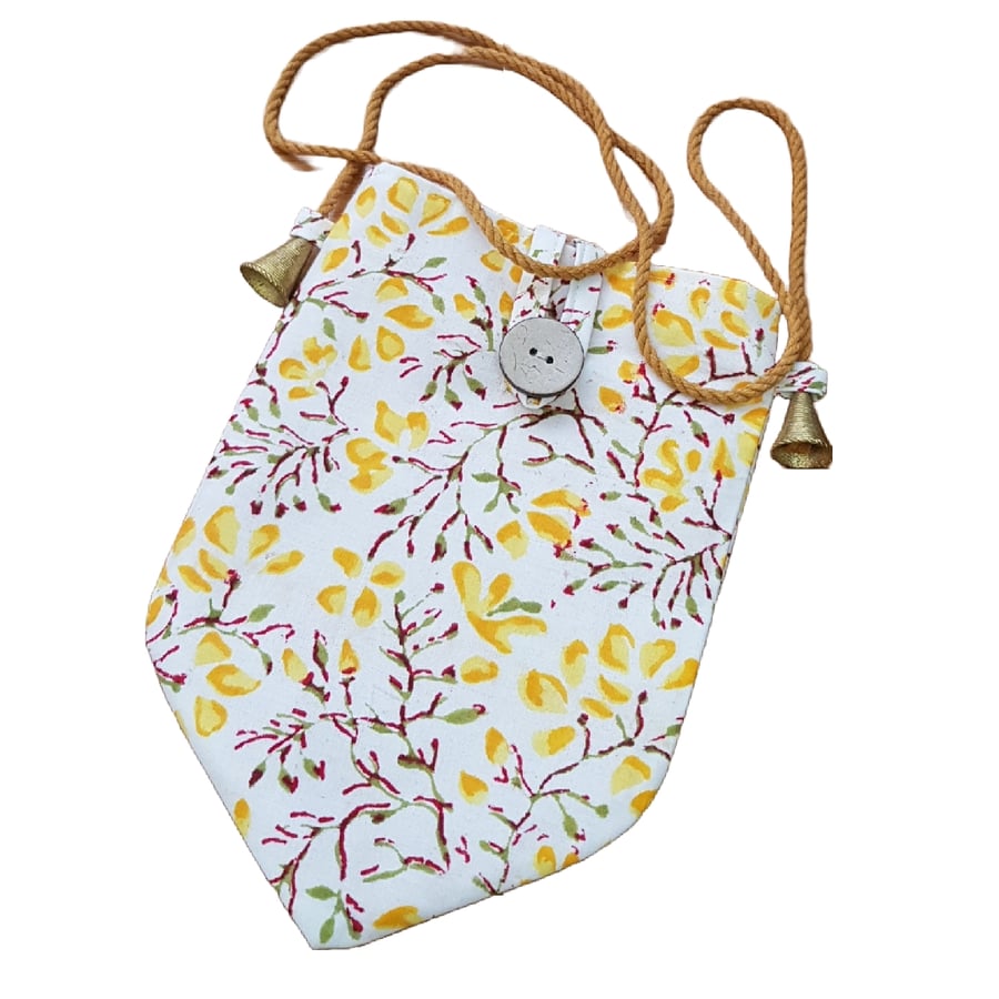 Indian block print crossbody bag: yellow blossom