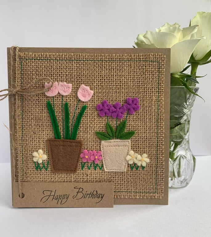 Handmade Birthday Card. Pots of flowers from wool felt. Keepsake.