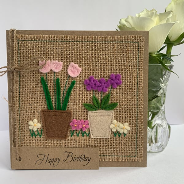 Handmade Birthday Card. Pots of flowers from wool felt. Keepsake.