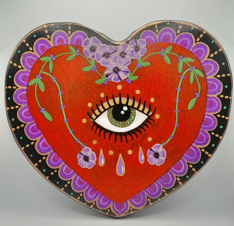Hand Painted Sacred Heart, Forget Me Not Folk Art, Healing and Remembrance Gift 