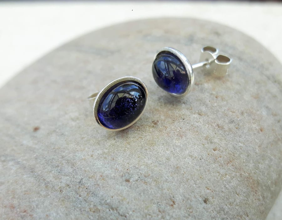Sterling Silver Stud Earrings, Large Oval with Deep Blue  Iolite  Gemstones 