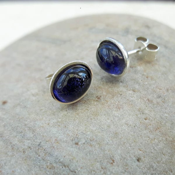 Sterling Silver Stud Earrings, Large Oval with Deep Blue  Iolite  Gemstones 