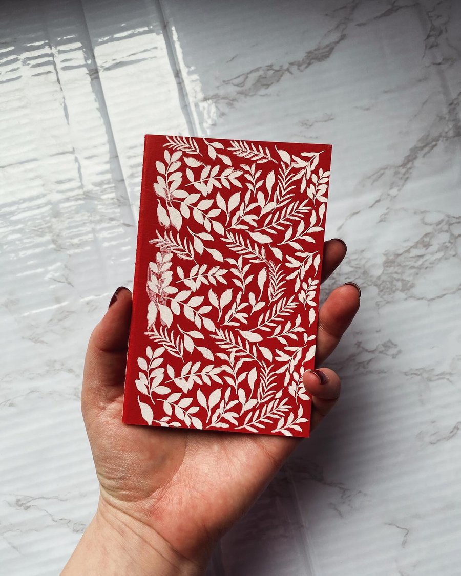 Red A6 Leaf Print Lined Pocket Size Notebook Folksy Seconds