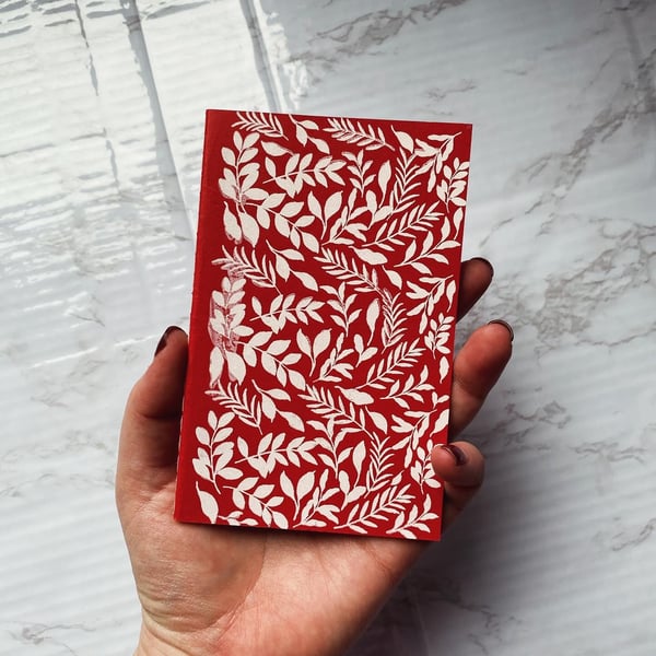 Red A6 Leaf Print Lined Pocket Size Notebook Folksy Seconds