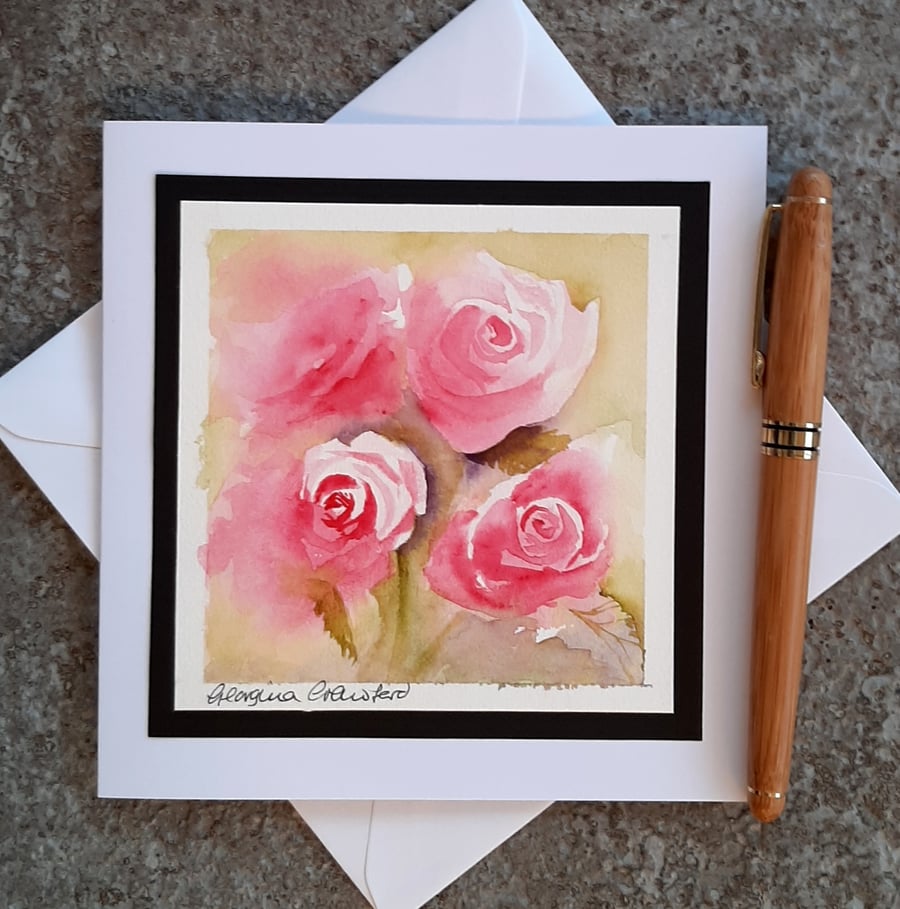 Handpainted Blank Floral Card. Pink Roses. The Card That's Also A Keepsake
