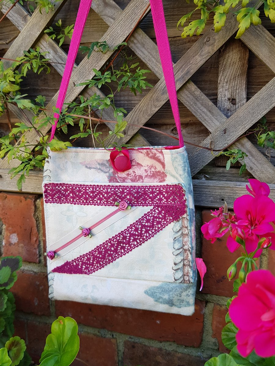 Crossbody bag; cream fabric with burgundy lace & satin flowers 