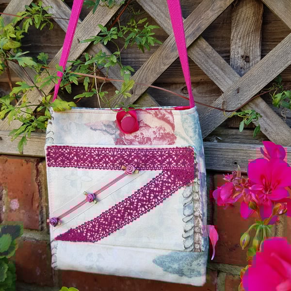 Crossbody bag; cream fabric with burgundy lace & satin flowers 