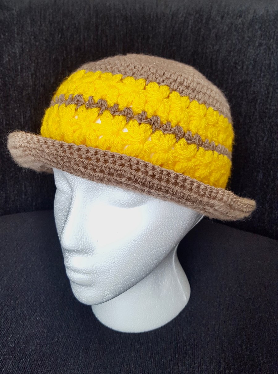 UNISEX. Taupe and Yellow Crochet Bucket Hat. Size Small