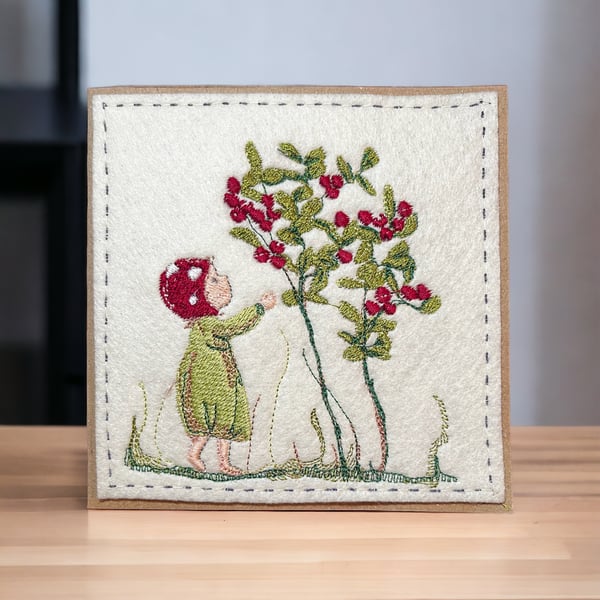 Handmade embroidered greetings card featuring Girl Gnome picking berries for tea