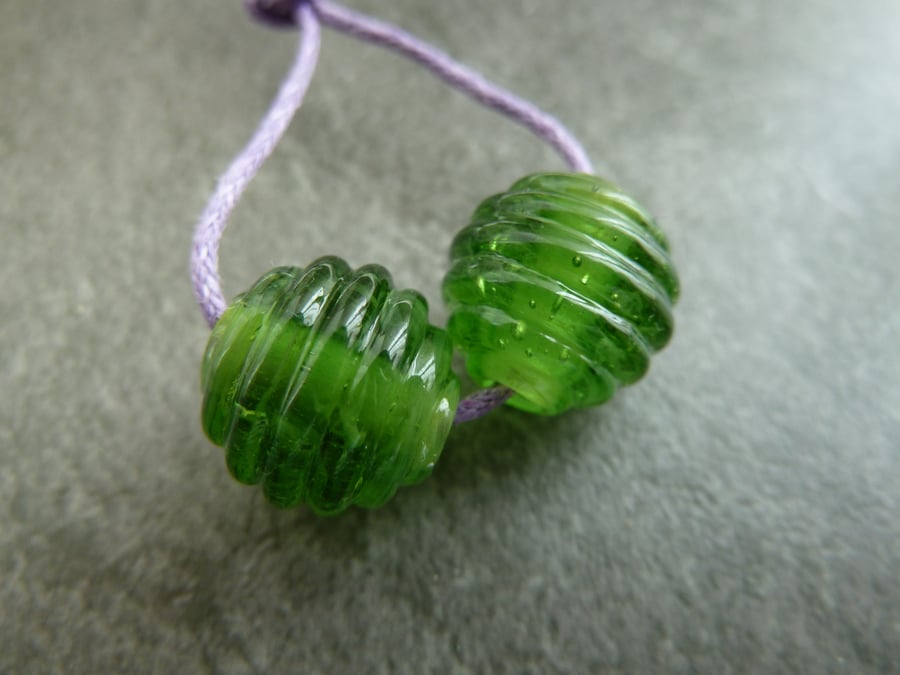 green ribbed lampwork glass beads