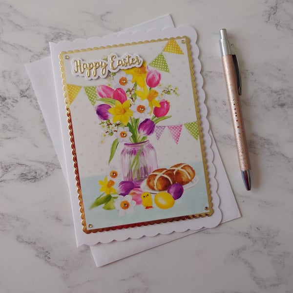 Happy Easter Spring Flowers and Hot Cross Buns 3D Luxury Handmade Card