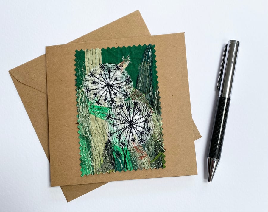 Up-cycled embroidered dandelion clock garden card. 