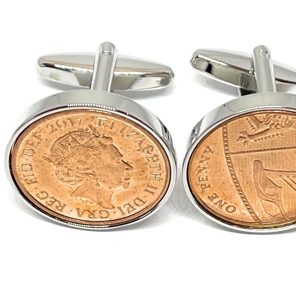7th Copper wedding anniversary cufflinks - Copper 1p coins from 2017 - Gift