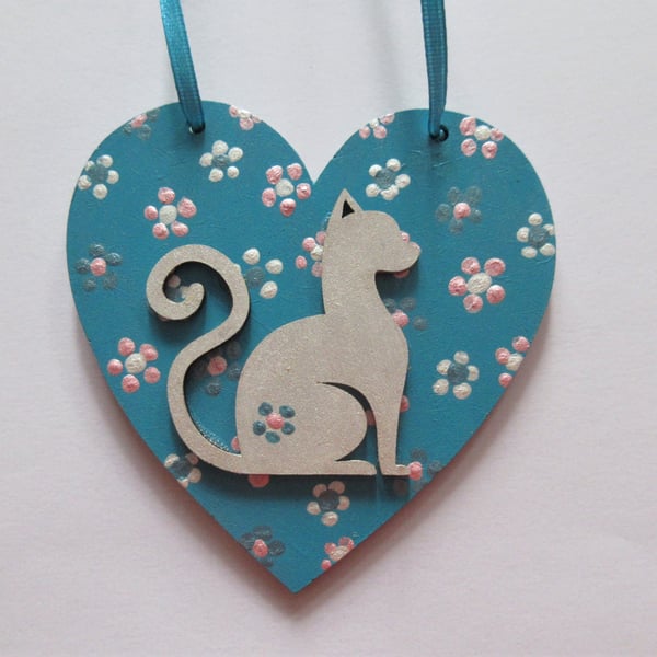 Cat Hanging Heart Decoration Hand Painted Ditsy Flowers