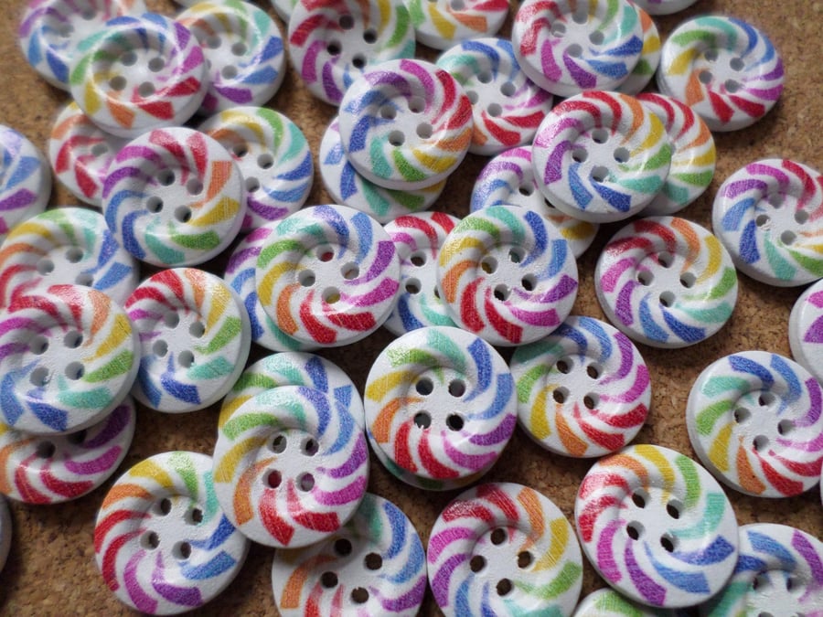 25 x 4-Hole Printed Wooden Buttons - Round - 15mm - Rainbow 