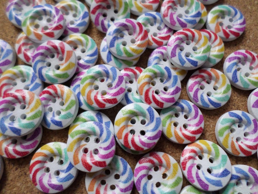 25 x 4-Hole Printed Wooden Buttons - Round - 15mm - Rainbow 