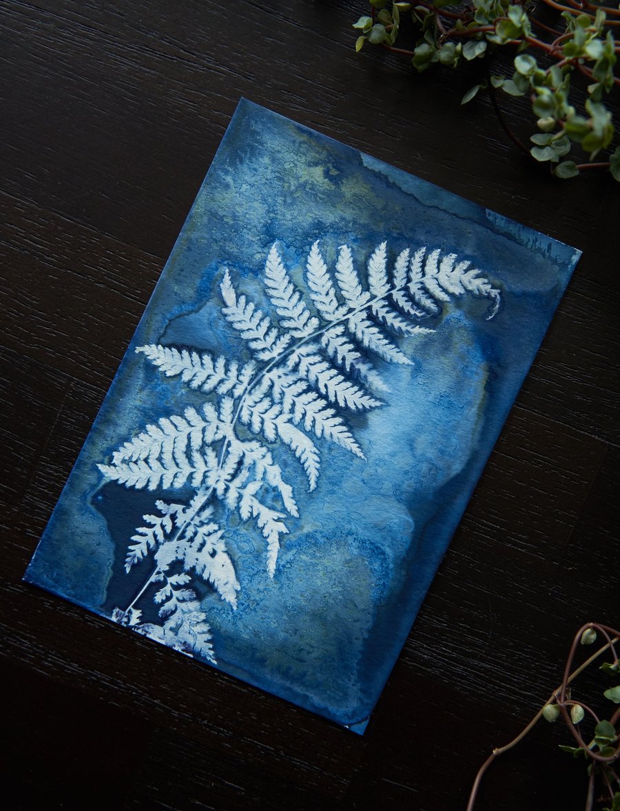 Mini handmade original wet cyanotype size A6 or 4.1x5.8 inches fern 2