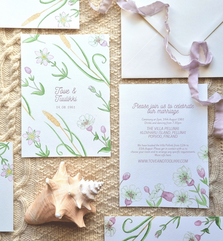 10 Cornish seaside flowers wedding invitations, A5 watercolour invites