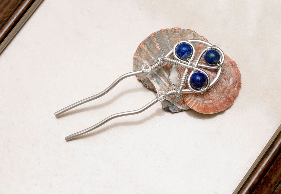Celtic silver plated copper hair fork, Strong Hair prong, Hair pick,Lapis Lazuli