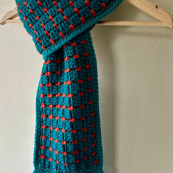 Long Crochet Scarf (8ft) Teal and Orange - Ideal Gift