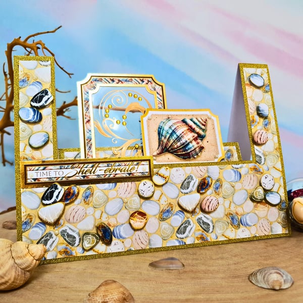 Beach theme keepsake stepper card for various occasions with seashell & pebbles 