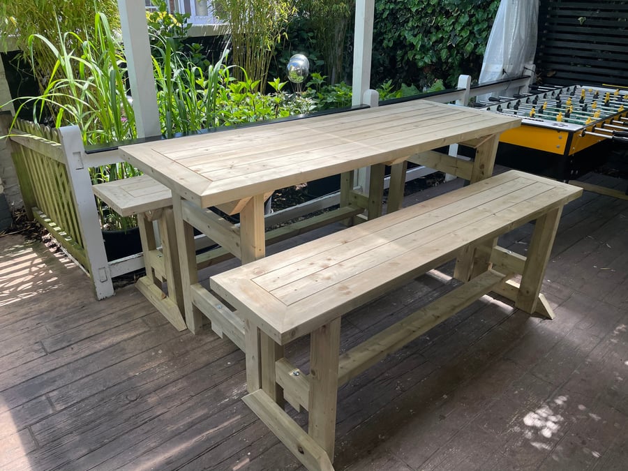 Bar style dining table and benches (treated)