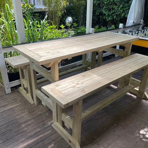 Bar style dining table and benches (treated)