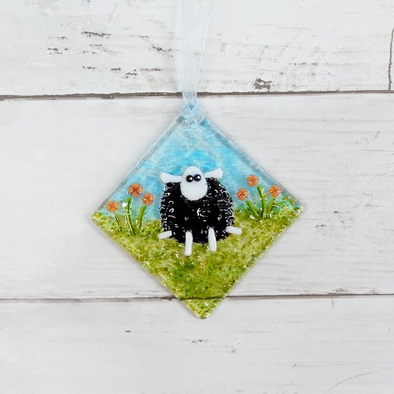 Cheeky Sitting Sheep Suncatcher; Handmade Fused Glass Sheep Decoration