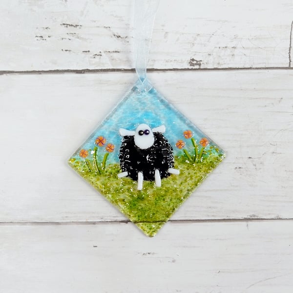 Cheeky Sitting Sheep Suncatcher; Handmade Fused Glass Sheep Decoration