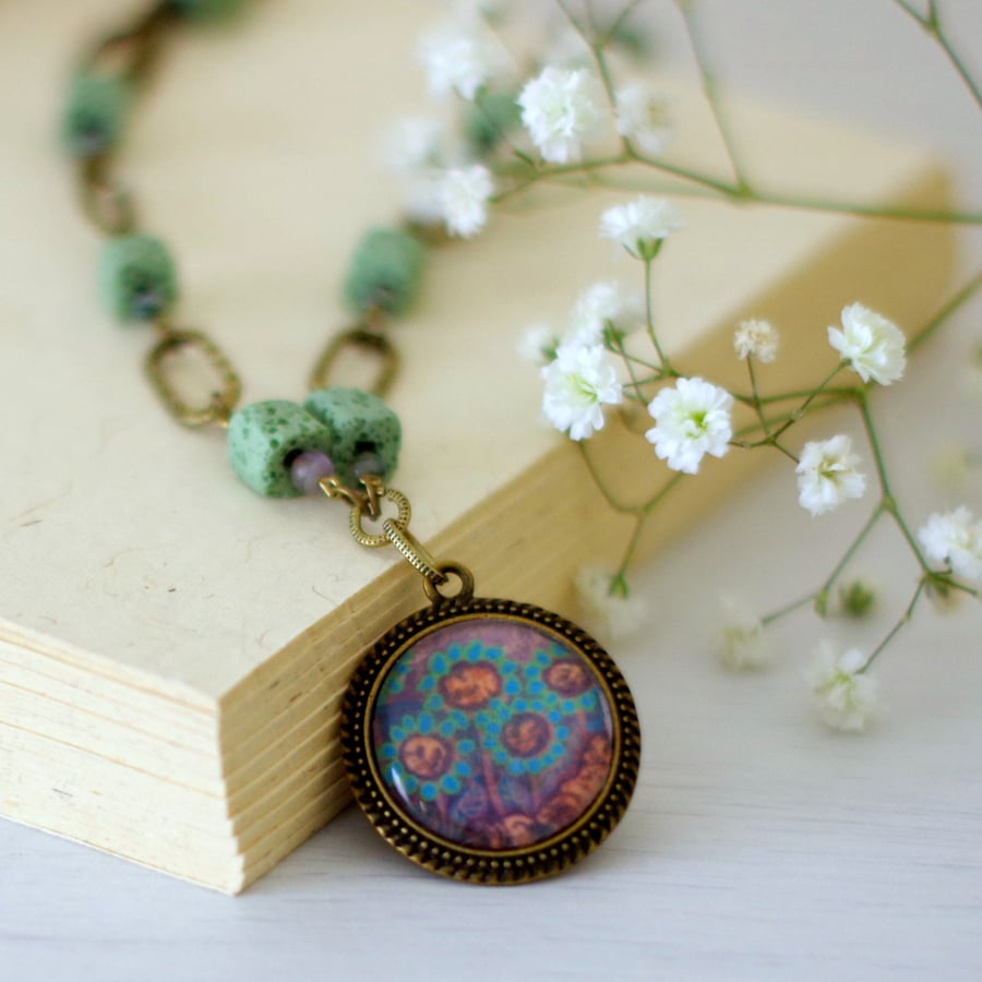 Turquoise Pendant Necklace with Floral Art Print and Green Gemstones 