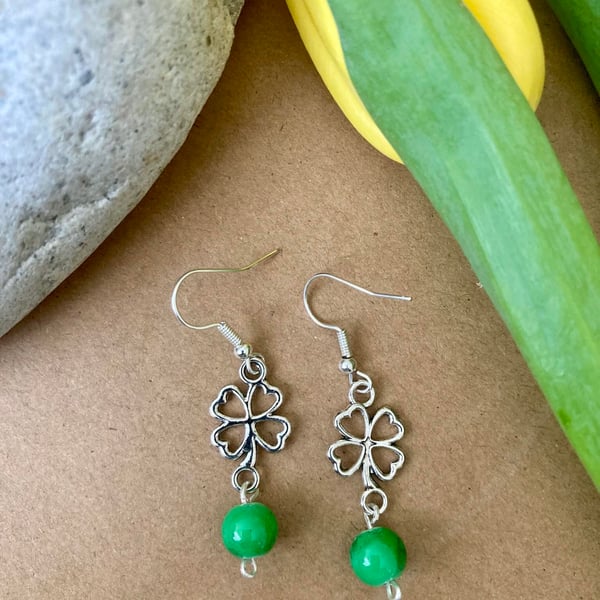 Silver Earrings - Four Leaf Clover and Green Glass Bead - St Patrick’s Day