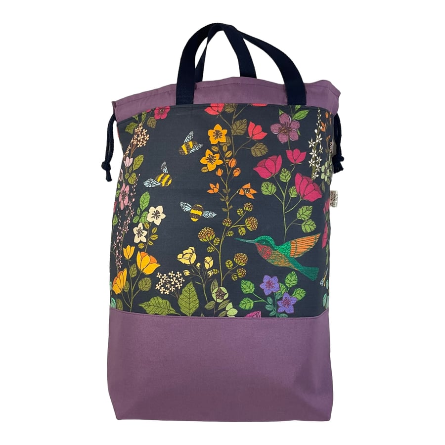 XXL drawstring knitting bag with hummingbirds and bees floral print