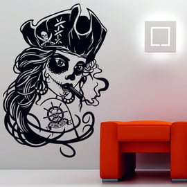 Candy Sugar Skull Pirate Girl Decorative Vinyl Art Wall Sticker Decal Rockabilly