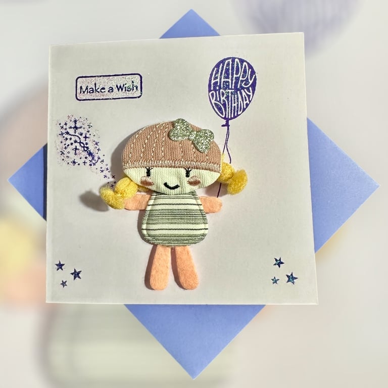 Birthday card for girl. Make a wish, 3D fabric doll motif,  silver bow hat 